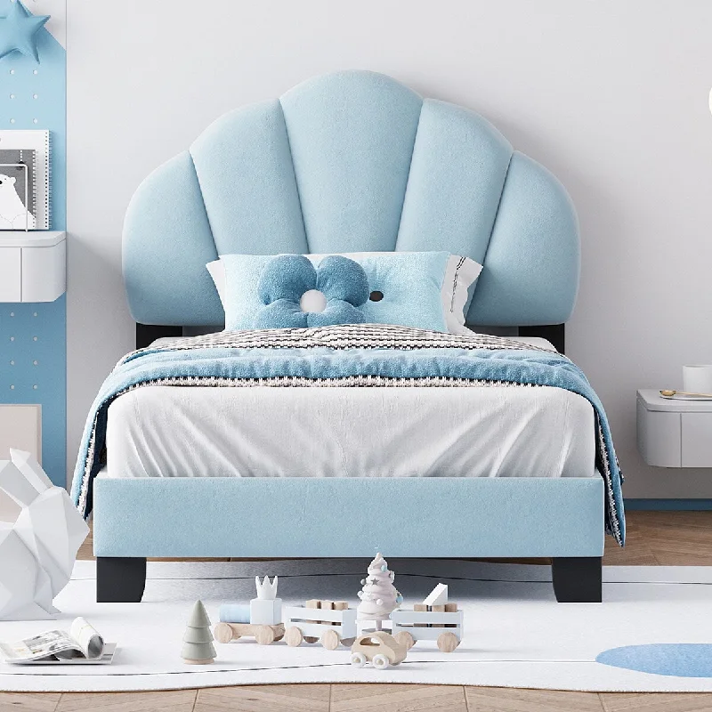 Twin Size Blue Upholstered Platform Bed with Shell-Shaped Headboard Wooden Slats Support Velvet Platform Bed Wooden Low Bed