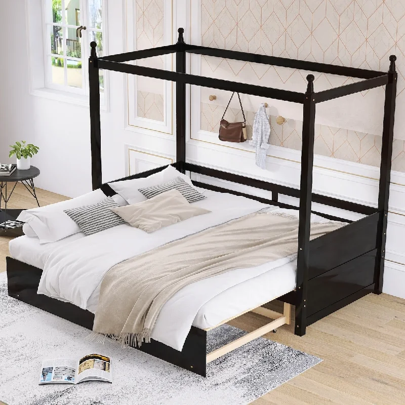 Twin Size Canopy Bed with Pull out Trundle, Extendable Daybed Frame with Headboard and Footboard for Kids Teens Adults