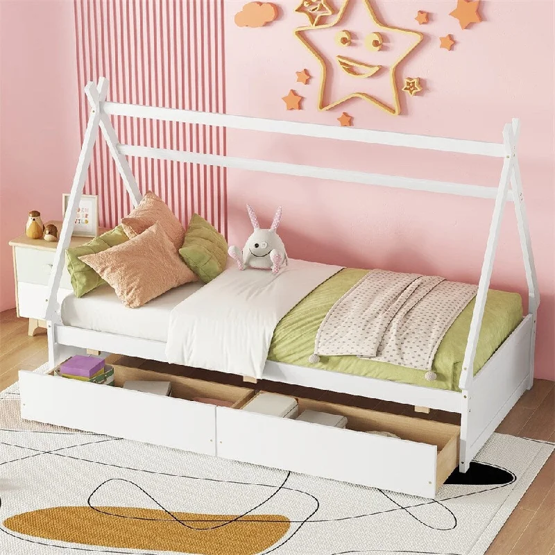 Twin Size House Platform Bed with Two Drawers,Headboard and Footboard