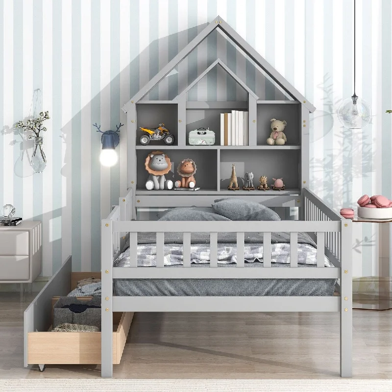 Twin Size House-Shaped Headboard Bed w/ Fence Guardrails and Drawers