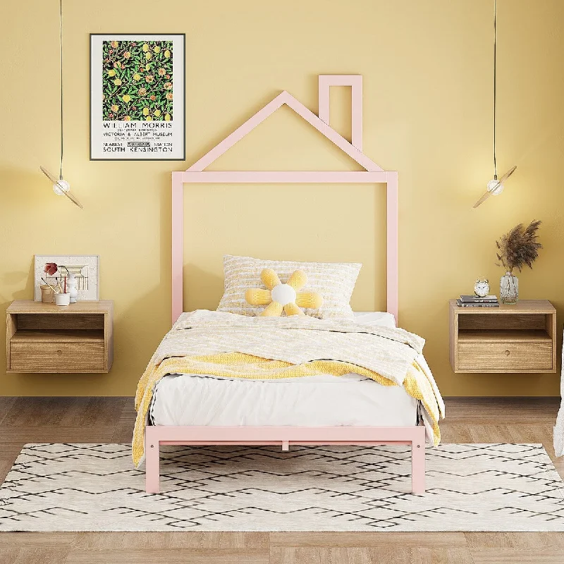 Twin Size House-Shaped Headboard Design Metal Platform Bed, Pink