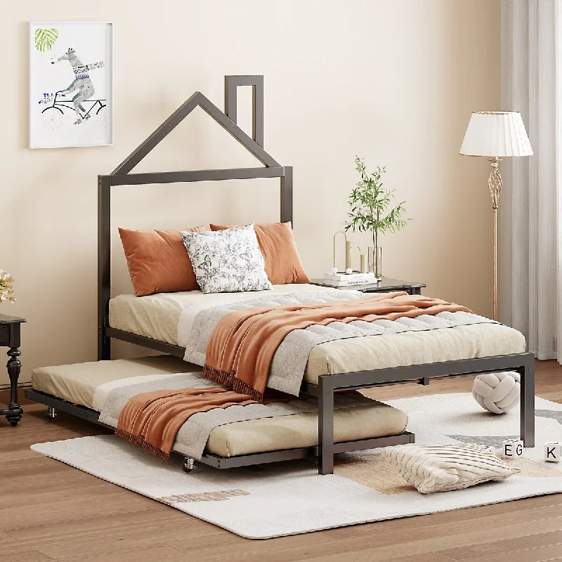 Twin Size Metal Platform Bed with Twin Size Trundle and House-Shaped Headboard Design