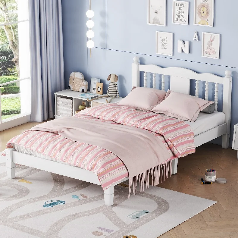 Twin Size Platform Bed with Column-Decoration Headboard with Bed Slats for Bedroom