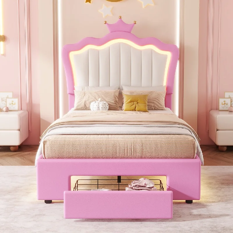 Twin Size Upholstered Bed Frame with LED Lights, Crown Headboard and 2 Drawers