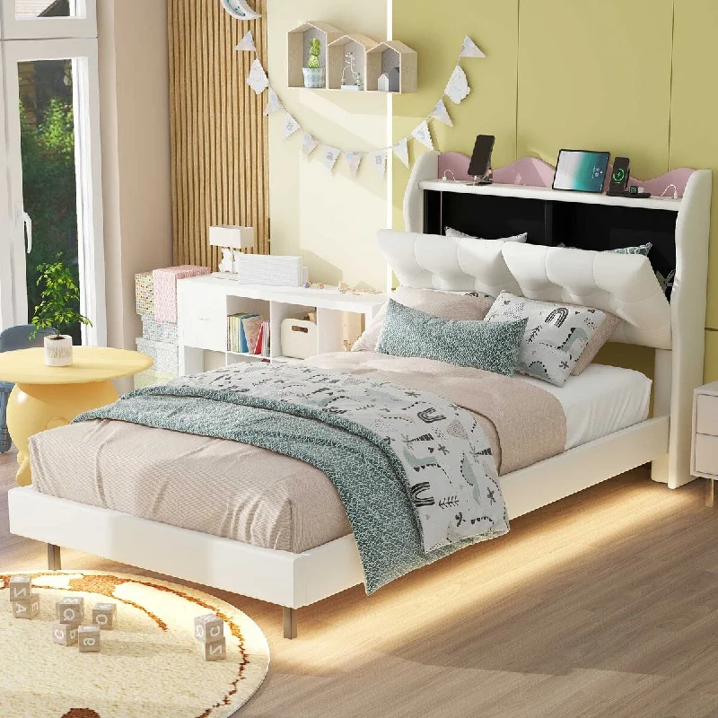 Twin Size Upholstered Platform Bed Wavy Shaped Storage Headboard Kids Bed Night's Sleep LED Bed No Box Spring Needed