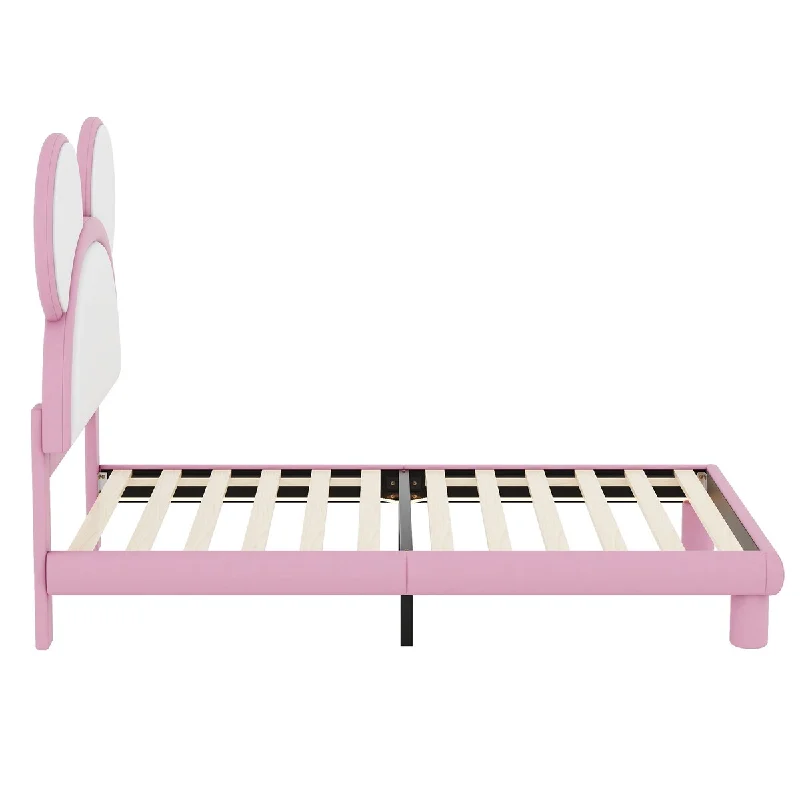 Twin Size Upholstered Platform Bed with Cartoon Ears Shaped Headboard and LED, White&Pink