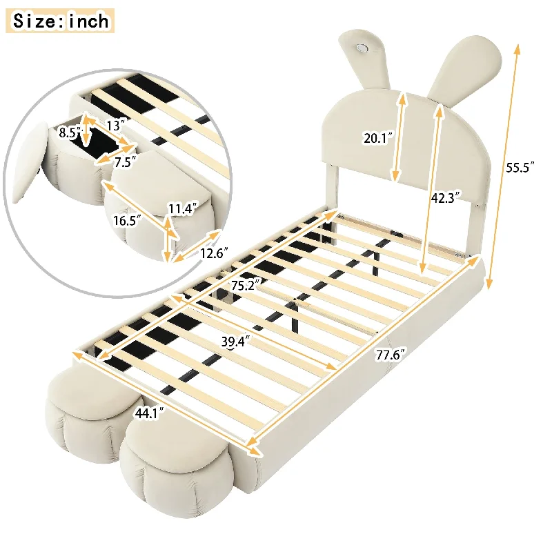 Twin Size Upholstered Platform Bed with Cartoon Ears Shaped Headboard and Light