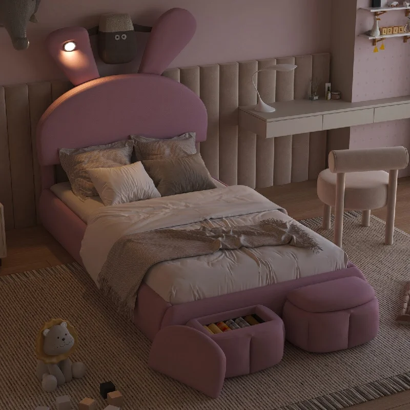 Twin Size Upholstered Platform Bed with Cartoon Ears Shaped Headboard and Light and Extra Storage Space