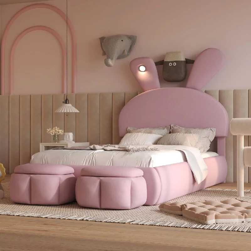 Twin Size Upholstered Platform Bed with Cartoon Ears Shaped Headboard and Light,Pink