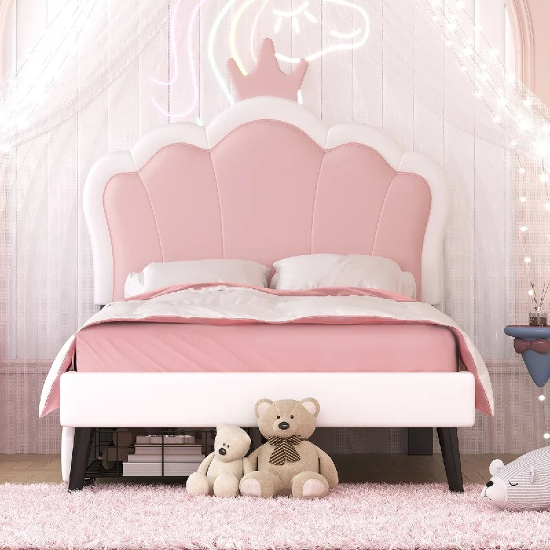 Twin Size Upholstered Princess Bed With Crown Headboard and 2 Drawers,Twin Size Platform Bed with Headboard