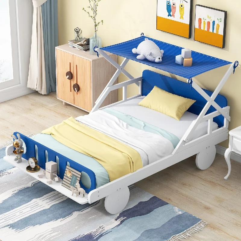 Twin Size Wood Car Bed with Ceiling Cloth, Headboard Guardrails, and Footboard Shelf