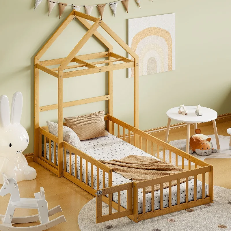 Twin Size Wooden Children's Bed Platform Bed with Detachable Headboard and Integrated Clothes Drying Rack