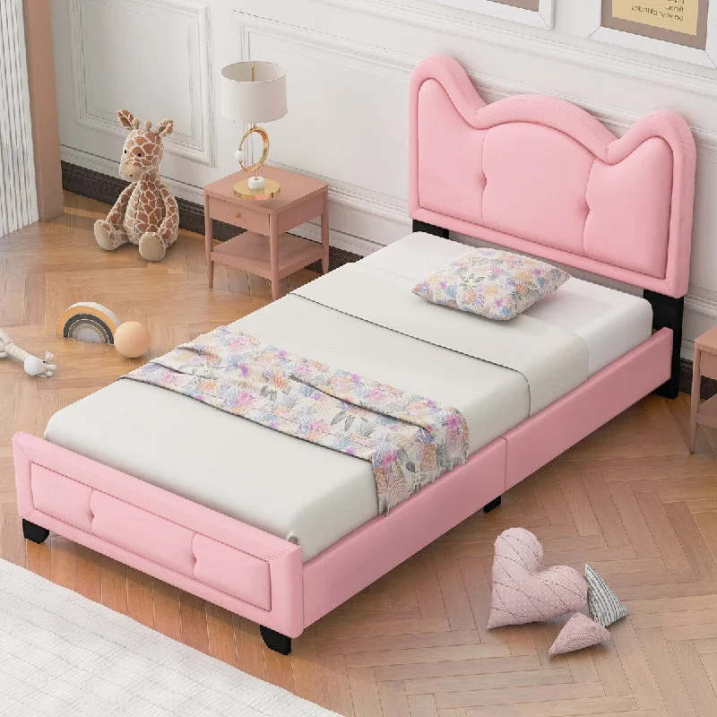 Twin Upholstered Platform Bed with Cartoon Ears Headboard - Cute, Sturdy Construction