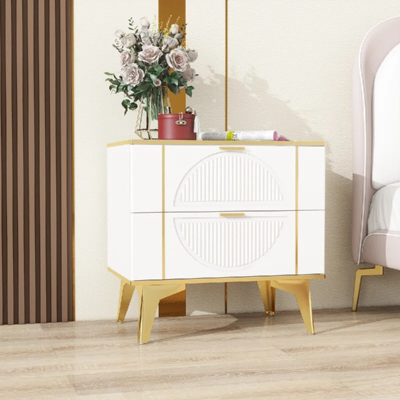 Two Pack White 2 Drawer Round Card Gold Bar Blister Nightstand