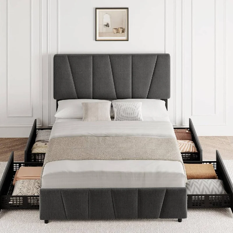 Upholstered Platform Bed Frame with Headboard and 4 Storage Drawers