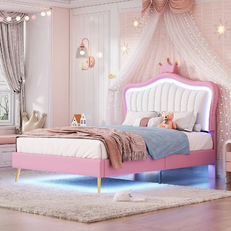 Upholstered Princess Bed Cute Kids Crown Headboard Platform Bed