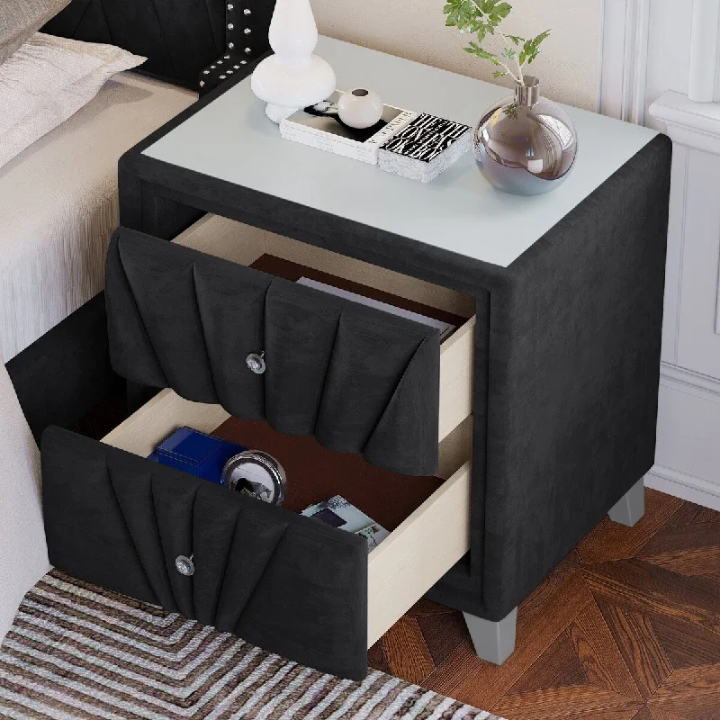 Velvet Upholstered Glass Top Nightstand with Two Drawers