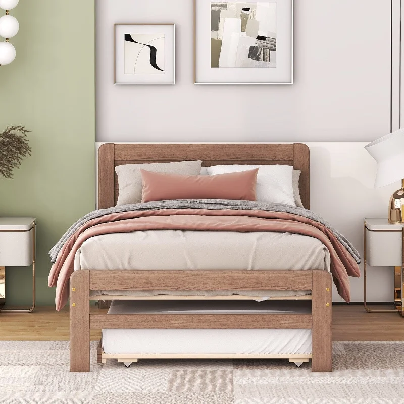 Walnut Twin Bed with Trundle, Wood Bed Frame with Headboard and Footboard Wood Platform Captain Beds for Kids Teens Adults