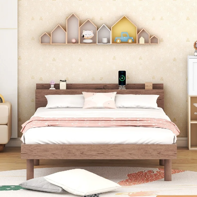 Walnut Twin Size Bed Frame w/ Storage Headboard and USB Ports, Kids Twin Bed with Support Slat, Twin Platform Bed for Bedroom