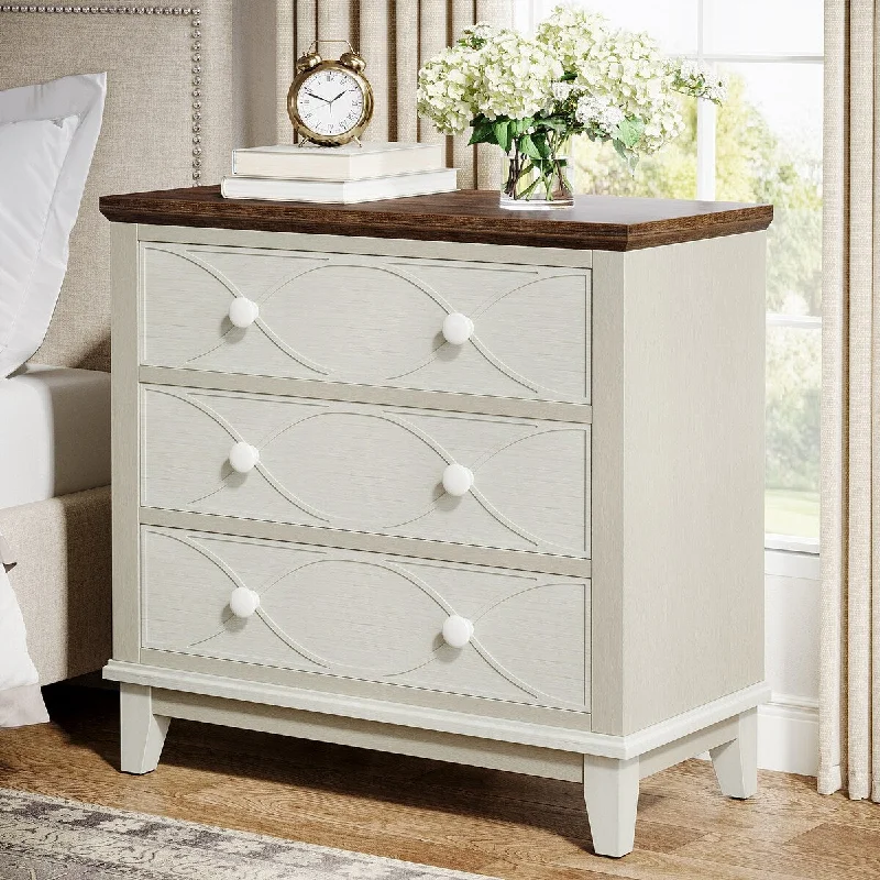 White/ Brown Wood 31.5 Inches Nightstand with 3 Large Drawers