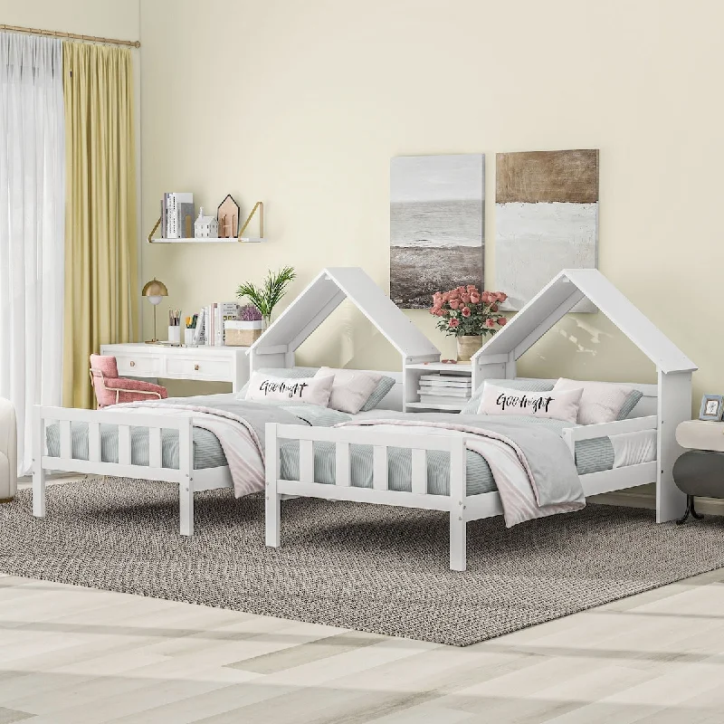 White Double Twin Size Platform Bed with House-Shaped Headboard and A Built-in Nightstand