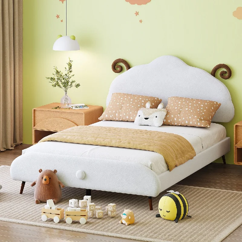 White Full Size Upholstered Bed with Whimsical Animal Headboard for Playful Bedroom Decor