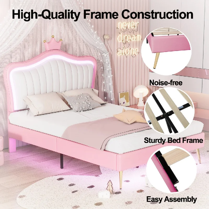 White+Pink Full Size Cute Crown Headboard Upholstered Princess Bed