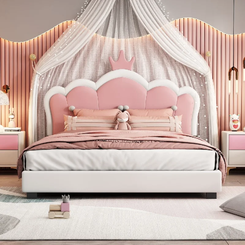 White+Pink Full size Upholstered Platform Bed with Crown Headboard and Footboard