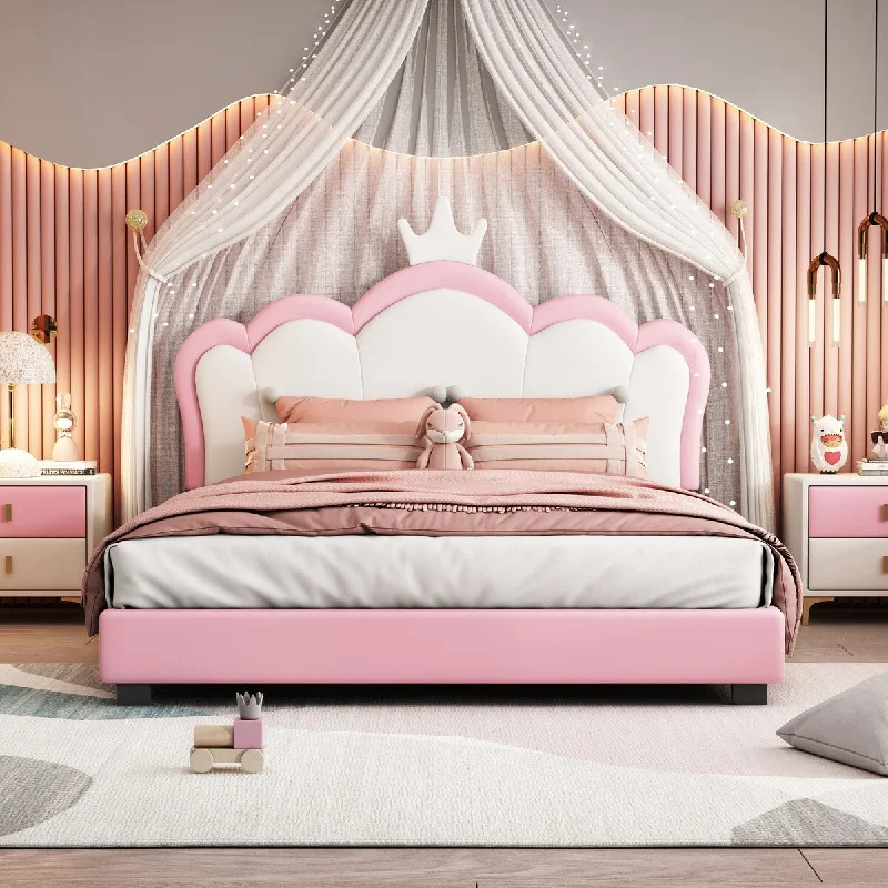 White+Pink Full size Upholstered Platform Bed with Crown Headboard and Footboard