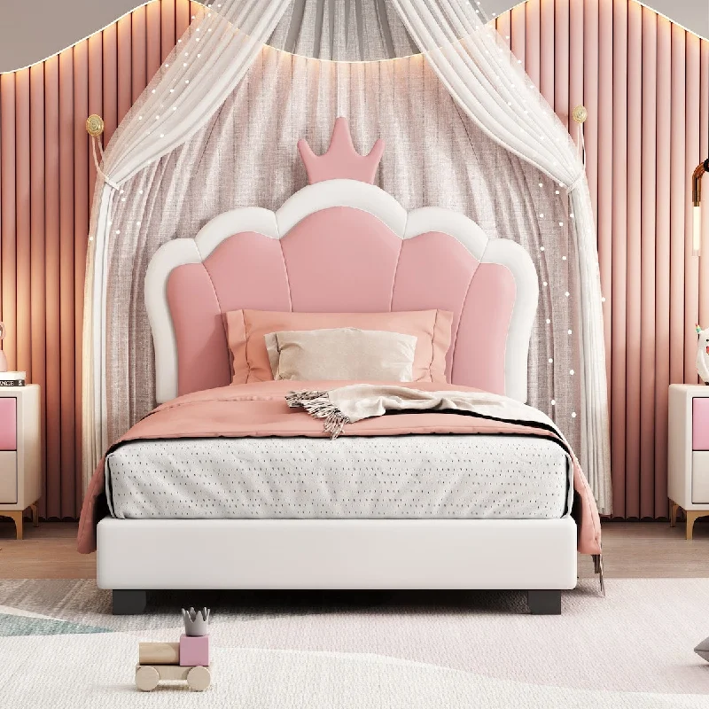 White+Pink Twin Size Upholstered Platform Bed, with Crown Princess Headboard and Footboard