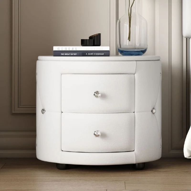 White PU Elegant Nightstand with 2 Drawers and Crystal Handle