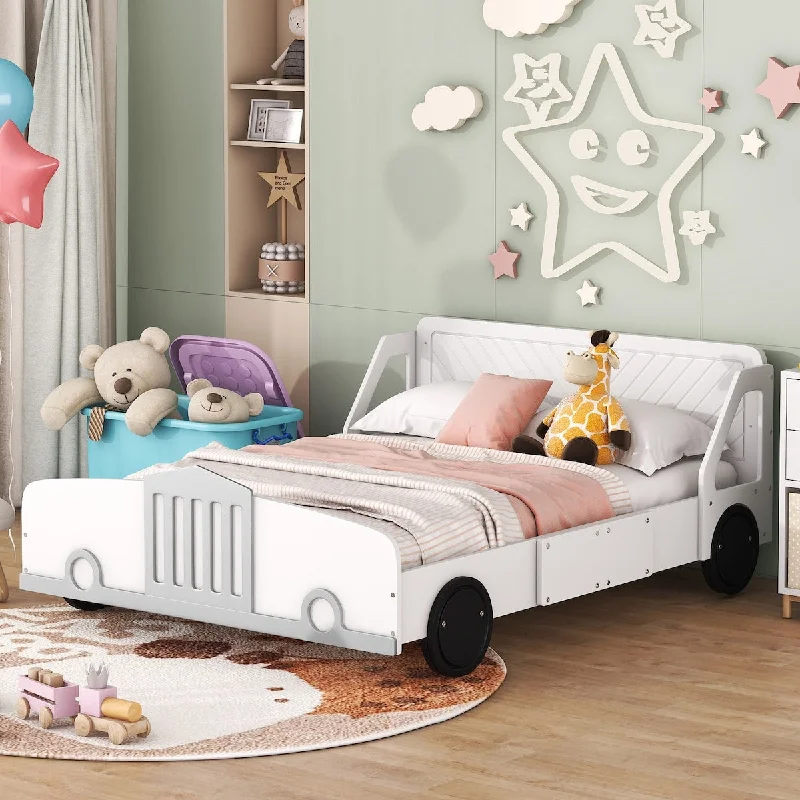 White Unique Car Platform Bed with Headboard and Safety Rails