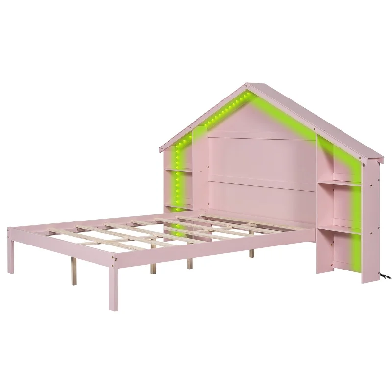 Wood Full Platform Bed with House-Shaped Headboard Built-in LED, Pink