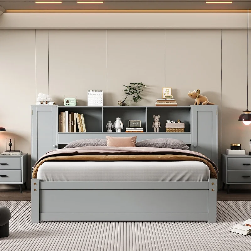 Wood Full Size Platform Bed with Storage Headboard and Lockers