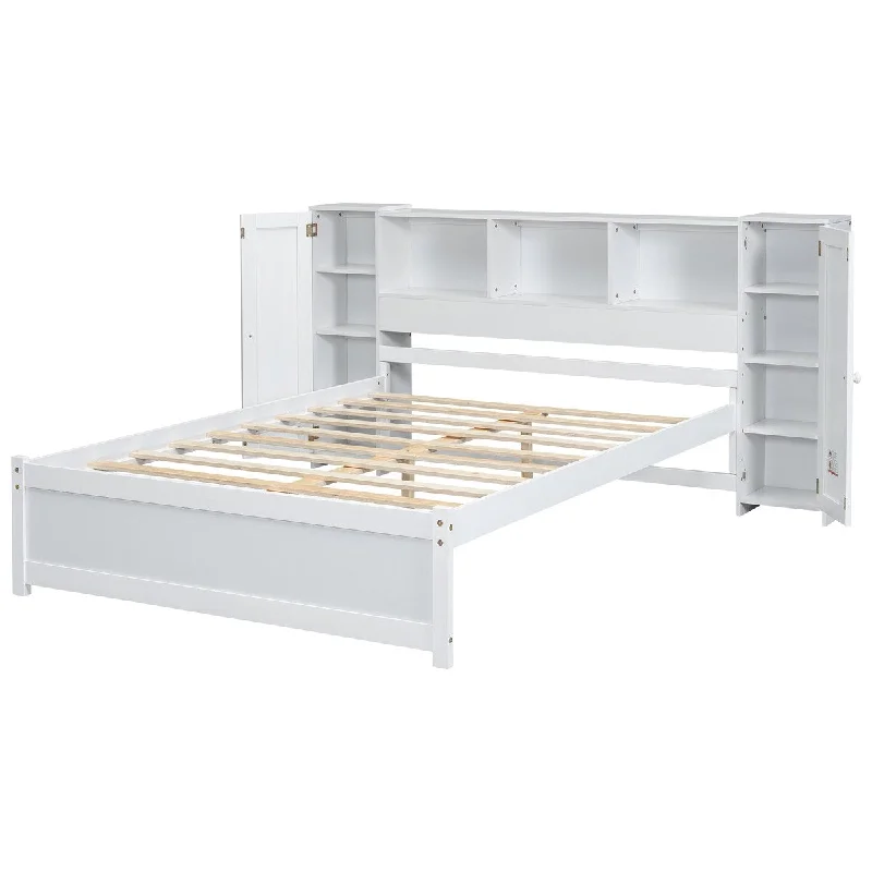 Wood Full Size Platform Bed with Storage Headboard and Lockers