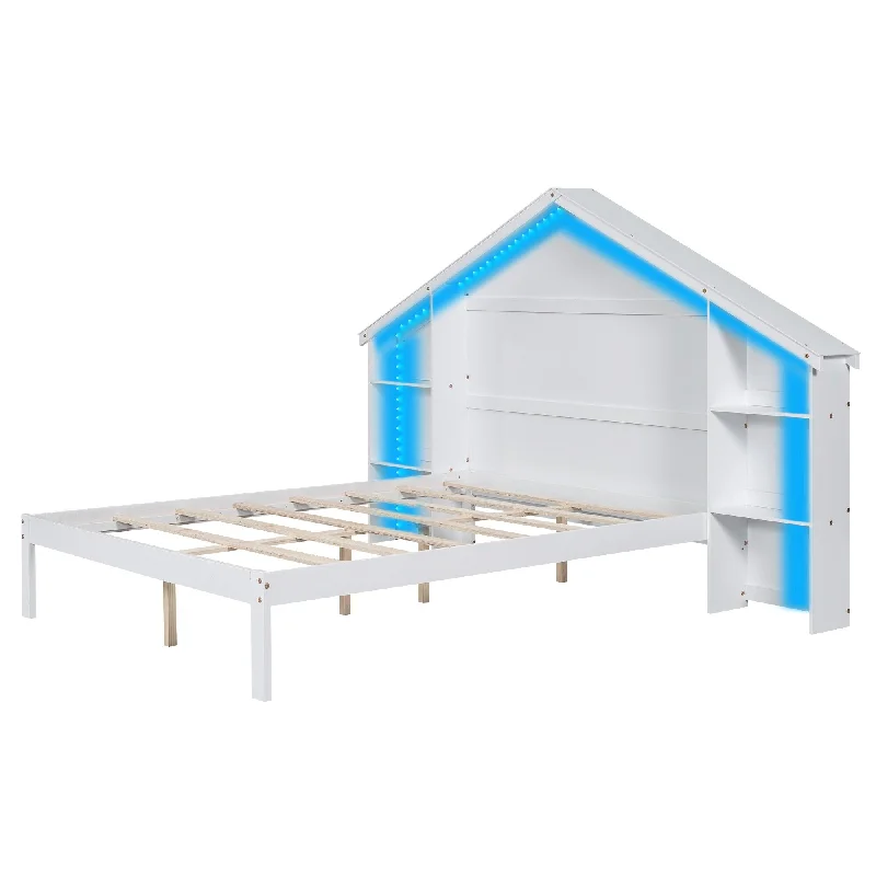 Wood Platform Full Bed with House-shaped Storage Headboard and Built-in LED