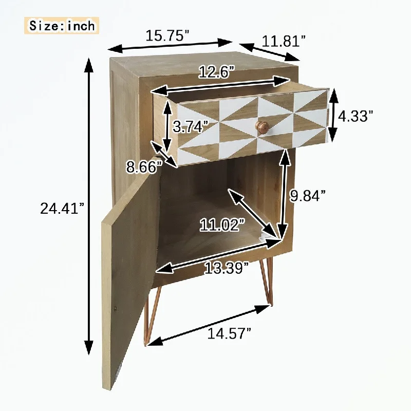 Wooden Nightstand with One Drawer,One Shelf with Doors and Metal Feet