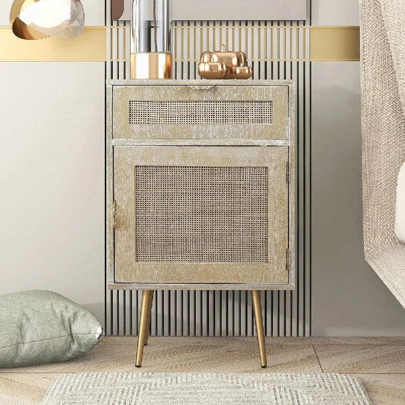 Wooden Nightstand with Rattan Panel,One Drawer ,One Cabinet and Metal Feet