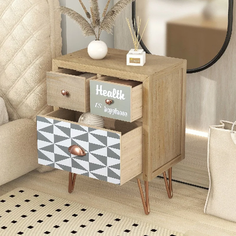 Wooden Nightstand with Three Drawers and Metal Feet