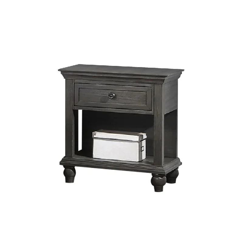 Zenny 26 Inch Nightstand with 1 Drawer, Open Lower Shelf, Gray Solid Wood