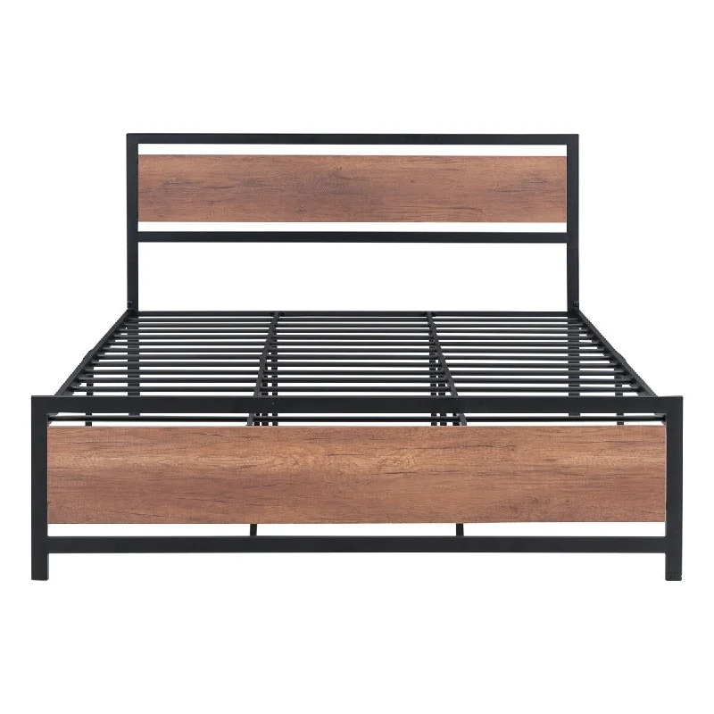 Black Queen Size Bed w/ Metal Headboard and Footboard, Platform Bed Frames No Box Spring Needed, Heavy Duty Slats for Kids