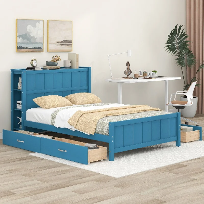 Blue Wood Platform Beds Full Size Storage Bed w/ Storage Shelves Headboard and 4 Drawers, Support Slats, Space Saving Storage