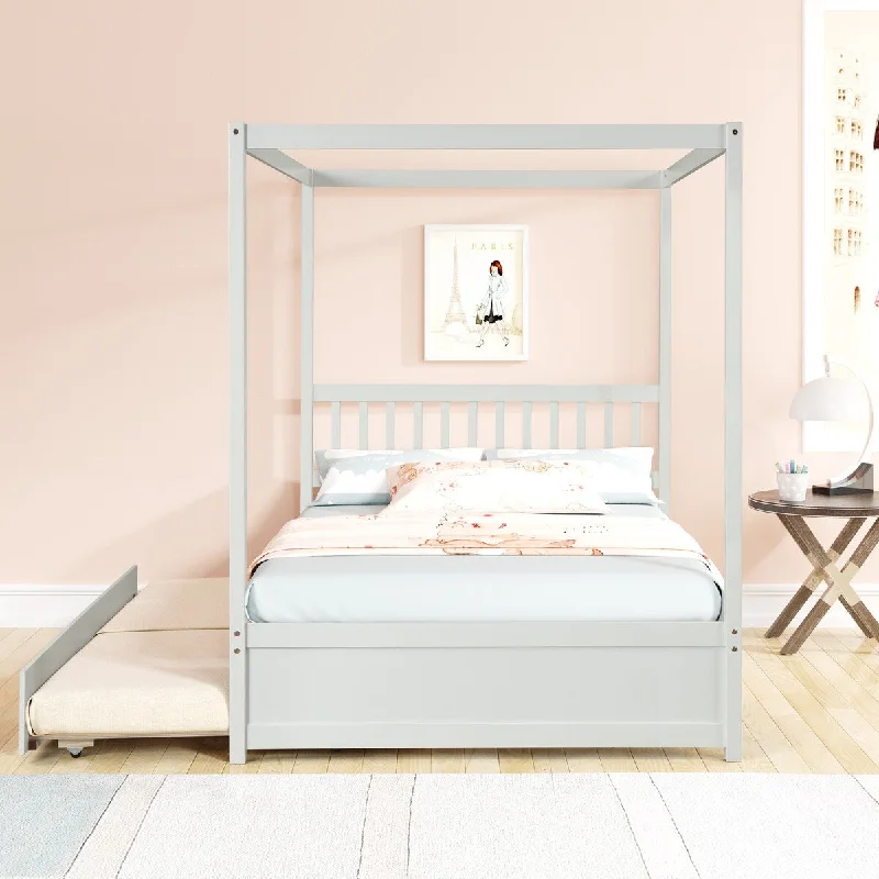 Full Size Canopy Bed with Trundle, Full Kids Wood Platform Bed Frame w/Headboard Wooden Twin Trundle Bed, No Box Spring Needed