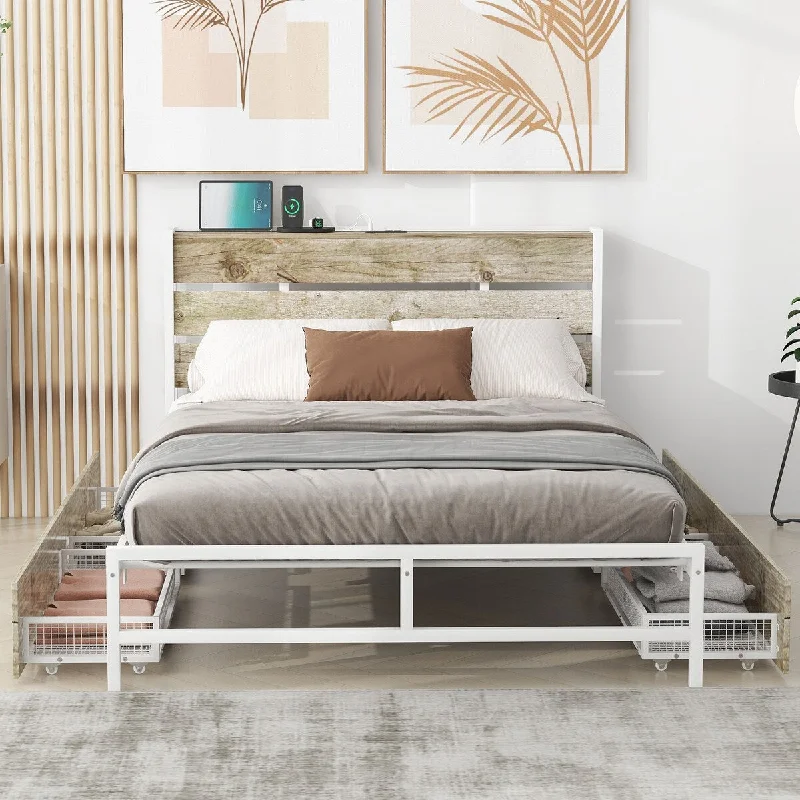 Full Size Metal Platform Bed with 4 Storage Drawers, Sockets, USB Ports Metal Bed Frame with Wooden Headboard & Footboard, White