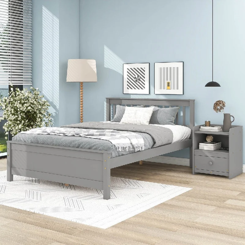 Full Size Platform Bed with Nightstand and Headboard for Kids, Grey