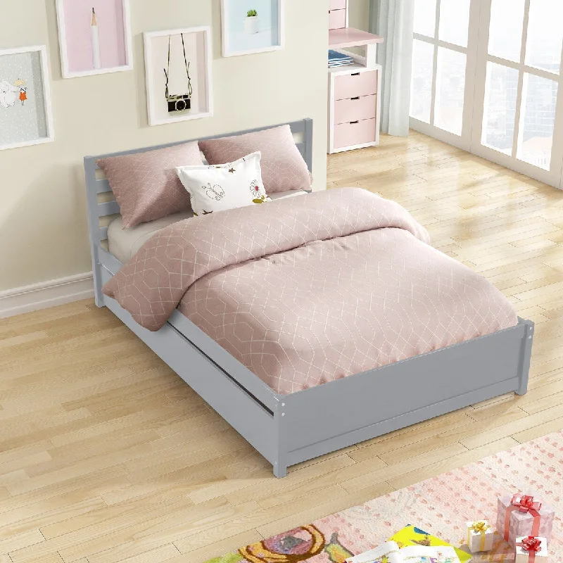 Full Size Platform Bed with Twin Trundle, Full Bed Frame Full Size with Headboard for Kids Teens Guests, No Box Spring Needed