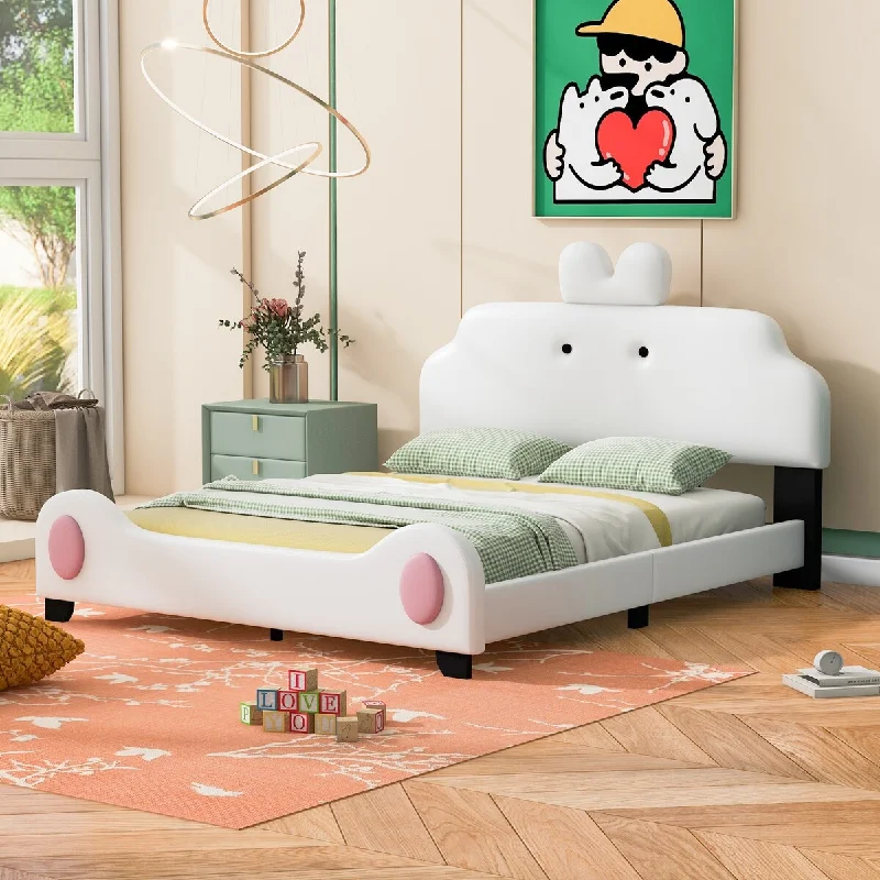 Full Size Upholstered Bed w/ Cartoon Headboard & Footboard, Pink+White