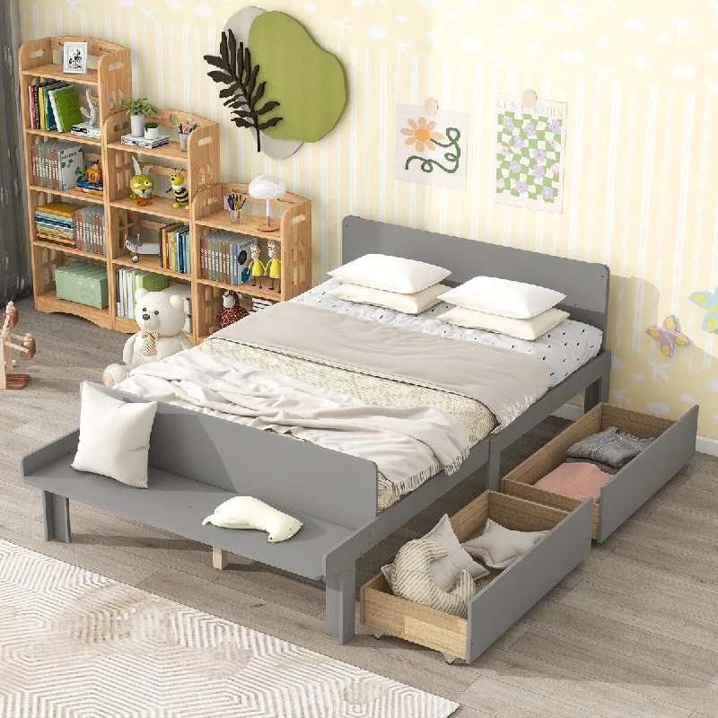 Full Storage Bed for Kids w/ 2 Drawers, Wood Platform Bed Frame with Headboard and Footboard Bench, No Box Spring Needed, Grey