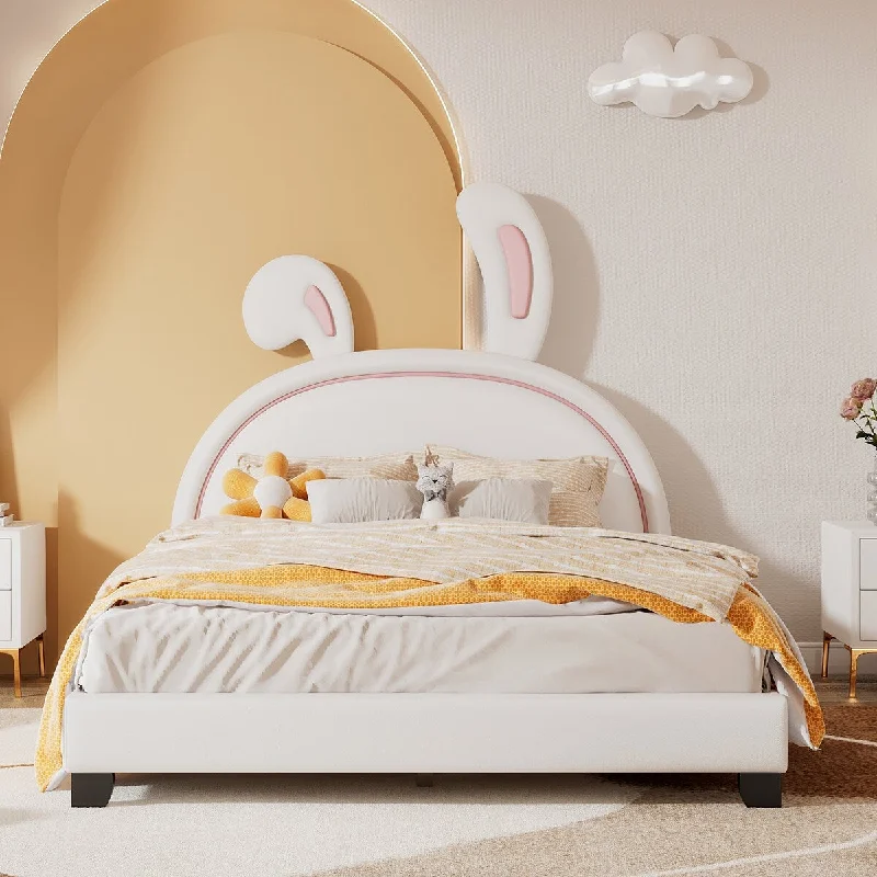 Full Upholstered Leather Bed with Rabbit Ear Ornament, Wood Platform Bed Frame with Headboard and Slats Support for Kids Teens