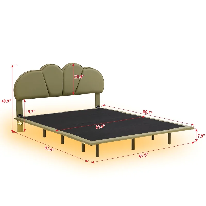 Green Queen Size Headboard Platform Bed with Underbed LED Light